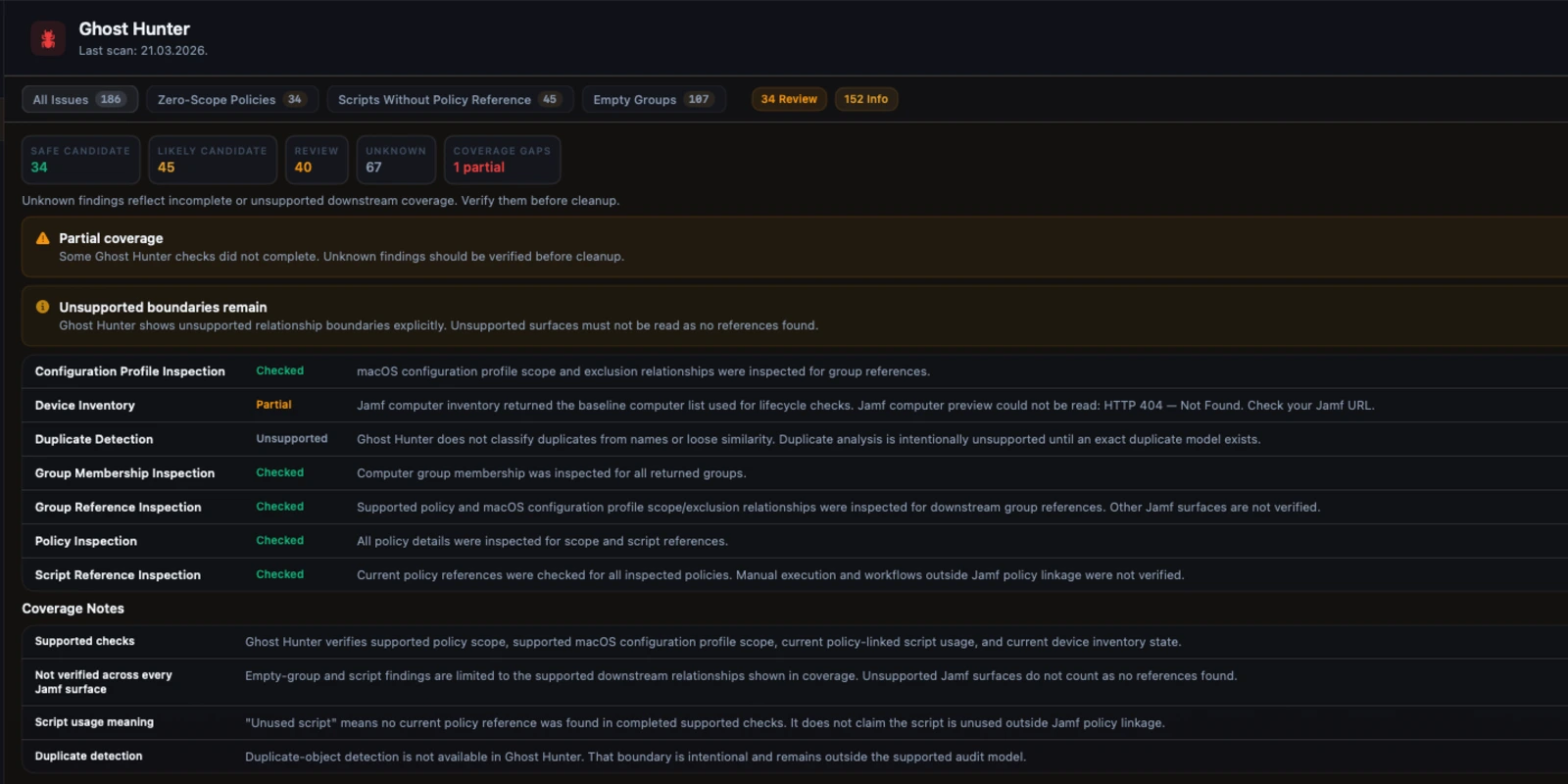 Veridominus Ghost Hunter results with conservative cleanup classifications and coverage notes