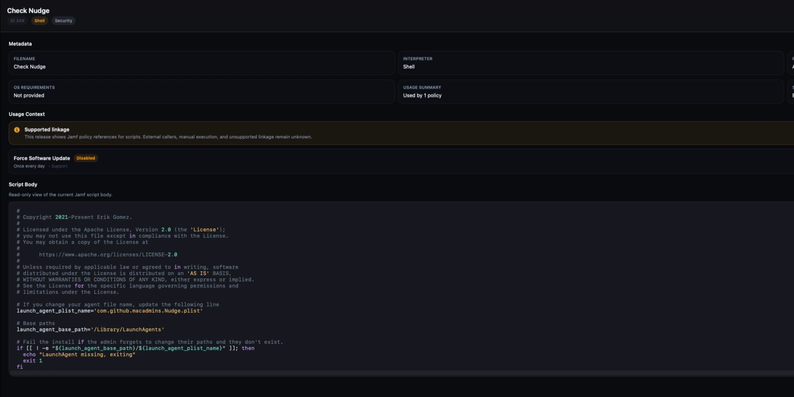 Veridominus Script Library showing metadata, usage context, and script body inspection