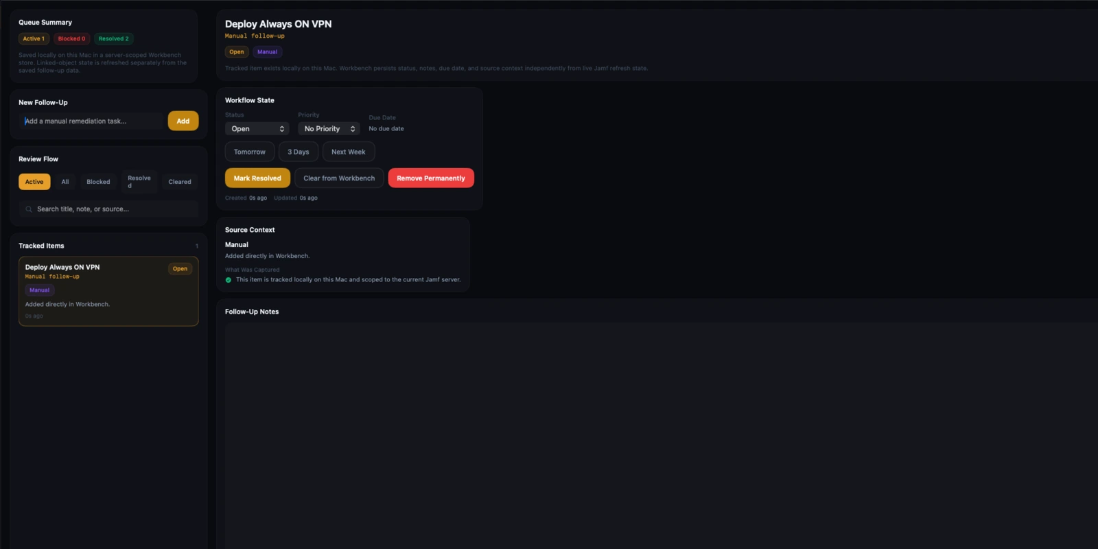Veridominus Workbench remediation queue with tracked items, notes, and workflow state